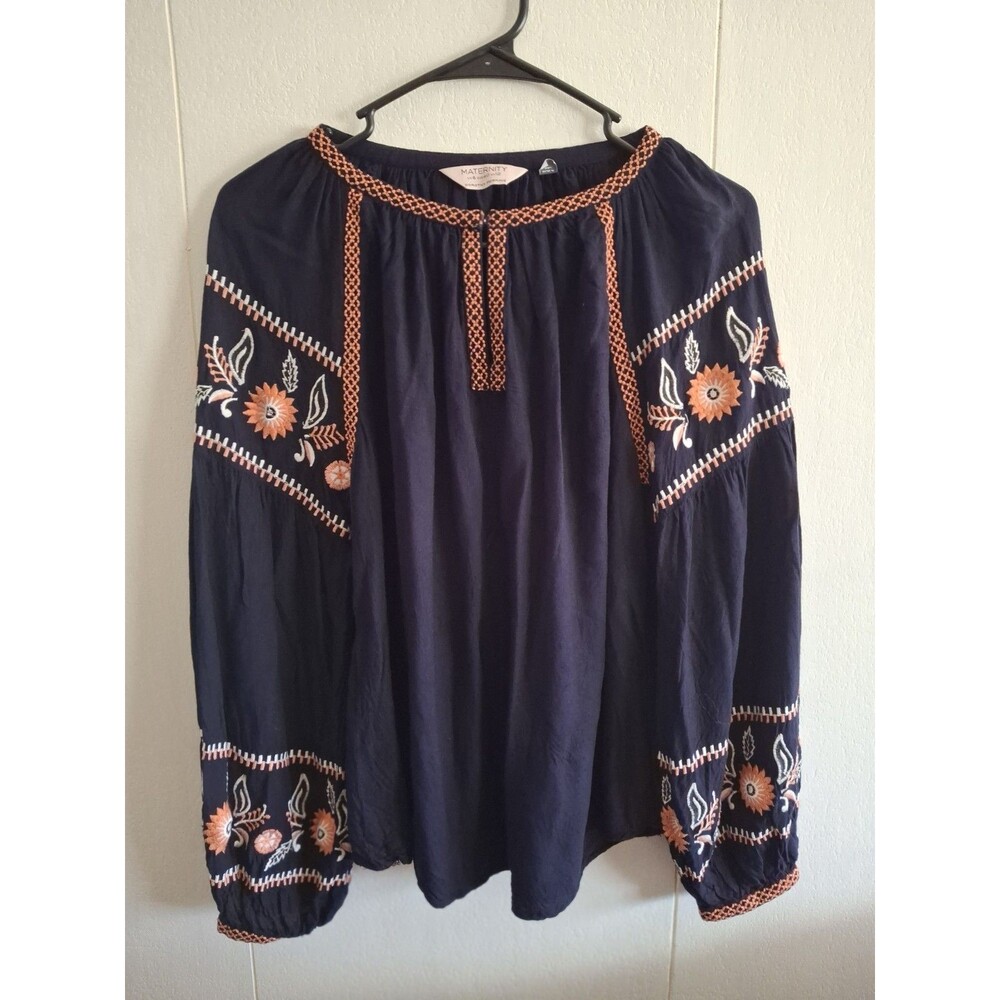 Dorothy Perkins Embroidered Denim Top Blue Boho Peasant Blouse Size Us 8 Uk 12